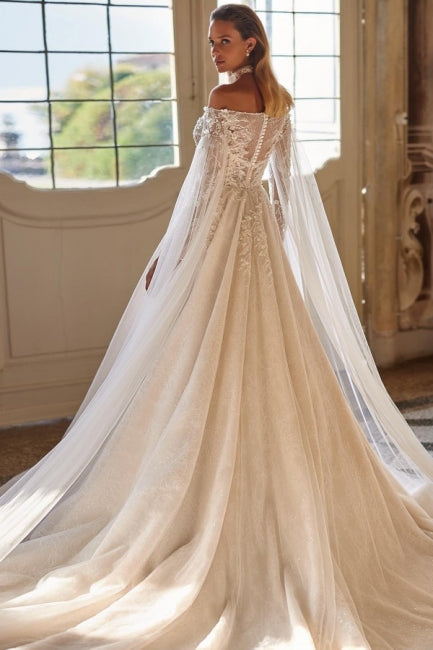 Modern Modest Off-the-Shoulder Long Sleevess Long Lace Wedding Dresses Online Beadings-stylesnuggle