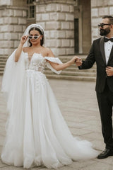 Modern Off-the-Shoulder Cap Sleeves Long tulle Wedding Dresses Online-stylesnuggle