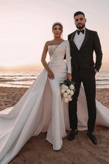 stylesnuggle offers Modern One Shoulder Ruffles Satin Sparkly Seqiuns Mermaid Bridal Dress with Sweep Court Train at a good price, 1000+ options, fast delivery worldwide.