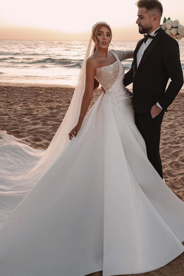 stylesnuggle offers Modern One Shoulder Ruffles Satin Sparkly Seqiuns Mermaid Bridal Dress with Sweep Court Train at a good price, 1000+ options, fast delivery worldwide.