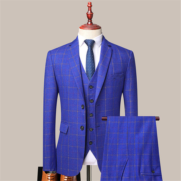 Modern Royal Blue Classic Plaid Slim Fit Formal Men Suits-stylesnuggle