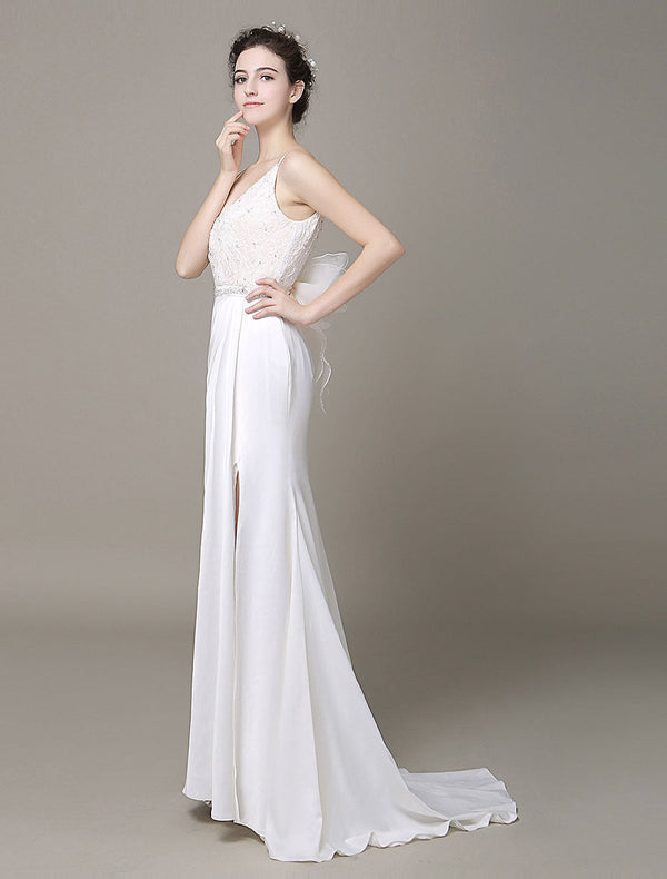 Satin Sheath Wedding Dress Plunging Neckline Bow Back Belt Lace Beading Evening Dress Milanoo