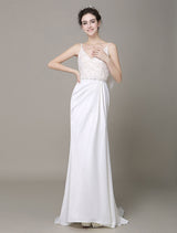 Satin Sheath Wedding Dress Plunging Neckline Bow Back Belt Lace Beading Evening Dress Milanoo