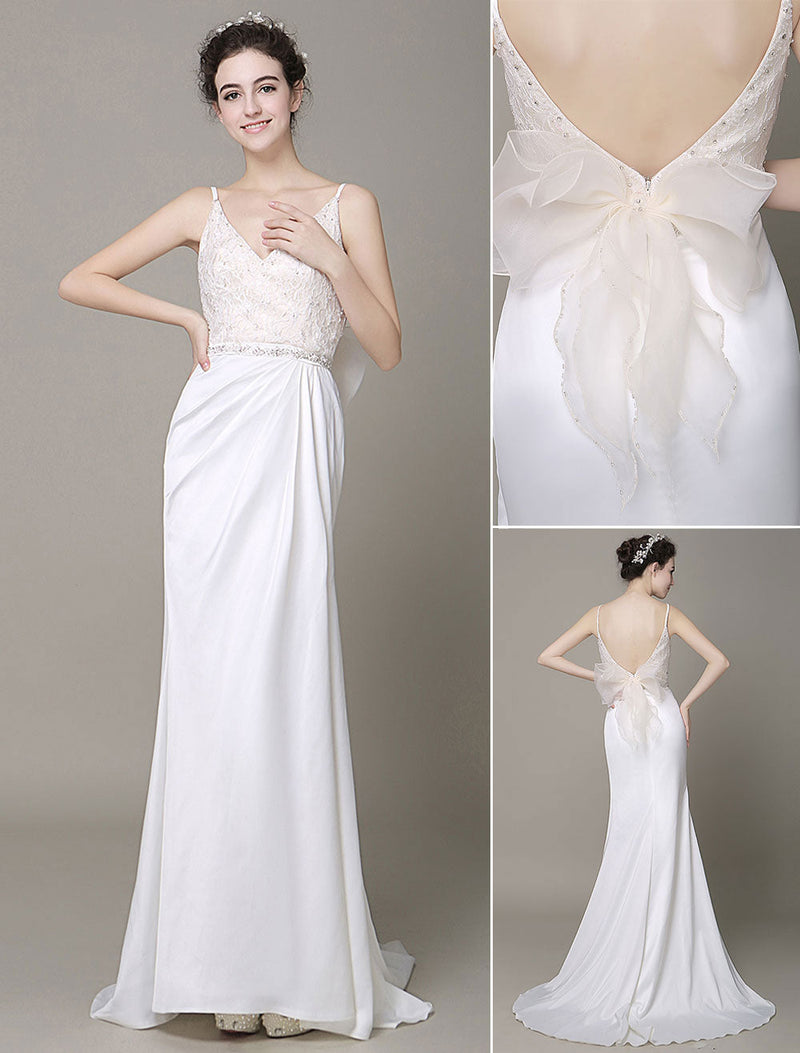 Satin Sheath Wedding Dress Plunging Neckline Bow Back Belt Lace Beading Evening Dress Milanoo