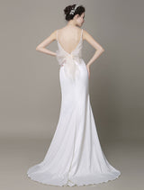 Satin Sheath Wedding Dress Plunging Neckline Bow Back Belt Lace Beading Evening Dress Milanoo