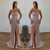 Modern Sequined Long Strapless A-line Evening Prom Dresses with Front Slit-stylesnuggle