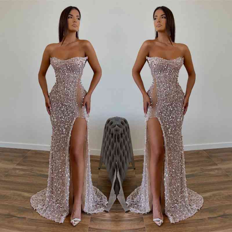 Modern Sequined Long Strapless A-line Evening Prom Dresses with Front Slit-stylesnuggle