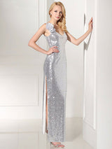 Silver Evening Dress Sequin 2 Piece Mother Dress Sheath Split V Neck Flower Ankle Length Party Dress