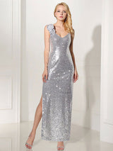 Silver Evening Dress Sequin 2 Piece Mother Dress Sheath Split V Neck Flower Ankle Length Party Dress