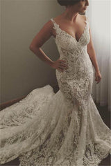 Modern Sleeveless V Neck Wedding Dress Mermaid Bridal Gowns with Lace Appliques-stylesnuggle