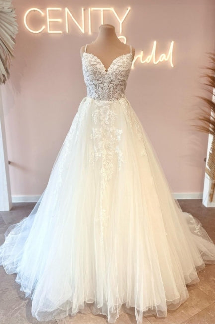 Modern Spaghetti-Straps Sleeveless Long Lace Wedding Dresses Online-stylesnuggle