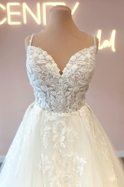 Modern Spaghetti-Straps Sleeveless Long Lace Wedding Dresses Online-stylesnuggle