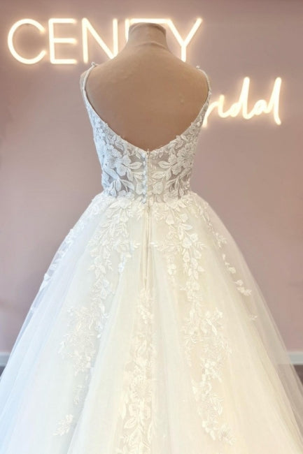 Modern Spaghetti-Straps Sleeveless Long Lace Wedding Dresses Online-stylesnuggle