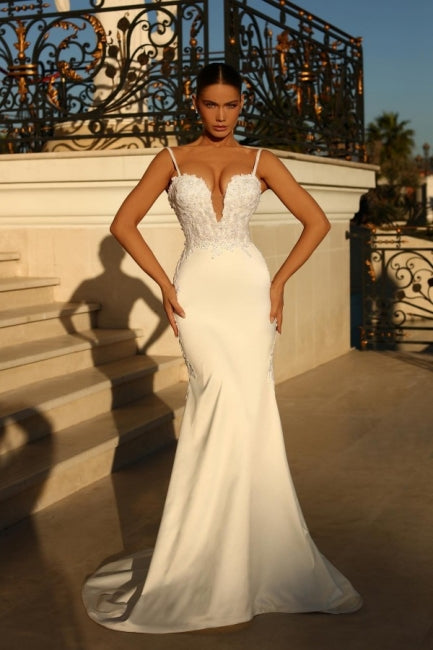 Modern Spaghetti-Straps Sleeveless Mermaid Wedding Dresses Online With Lace-stylesnuggle