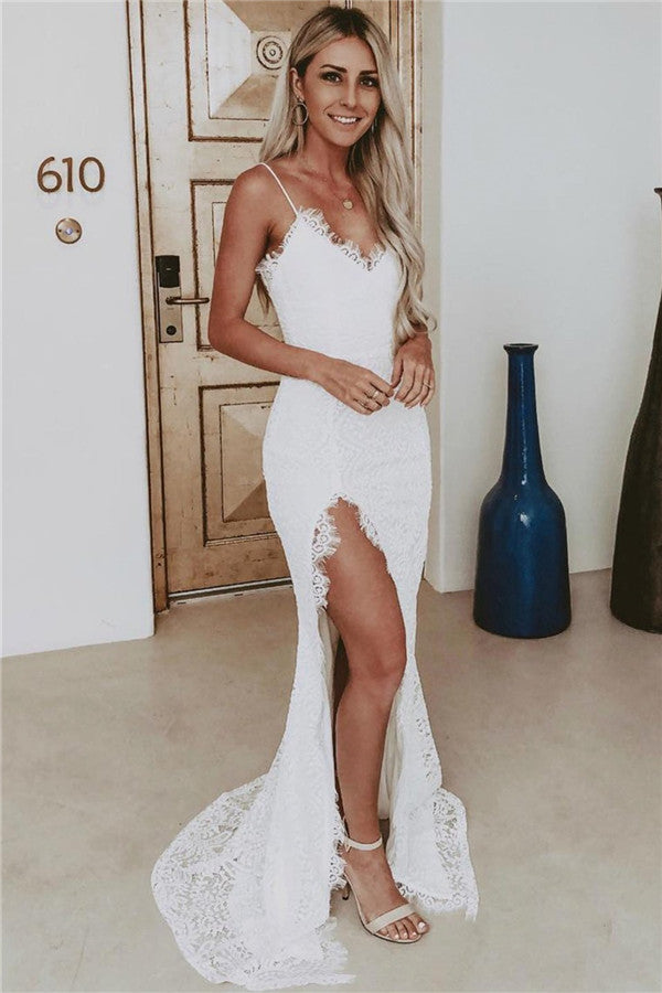 Wanna Prom Dresses, Evening Dresses in Column style,  and delicate Lace work? stylesnuggle has all covered on this elegant Modern Spaghetti Straps Wholesale Slit Lace Evening Dress Sleeveless Formal Dresses yet cheap price.