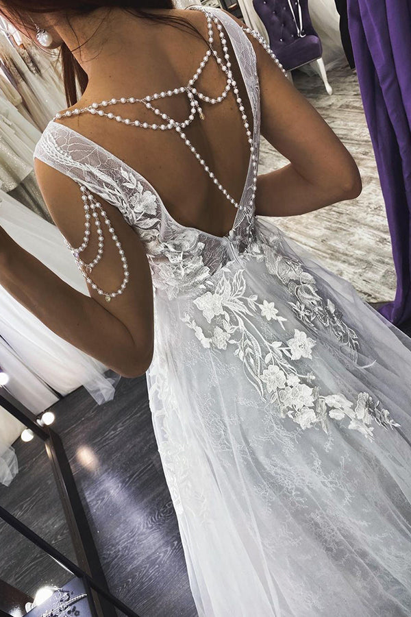 Looking for a dress in Tulle, A-line style, and Amazing Lace,Beading,Appliques work? We meet all your need with this Classic Modern V-Neck Sleeveless Aline Wedding Dress Floral Lace Bridal Dress.