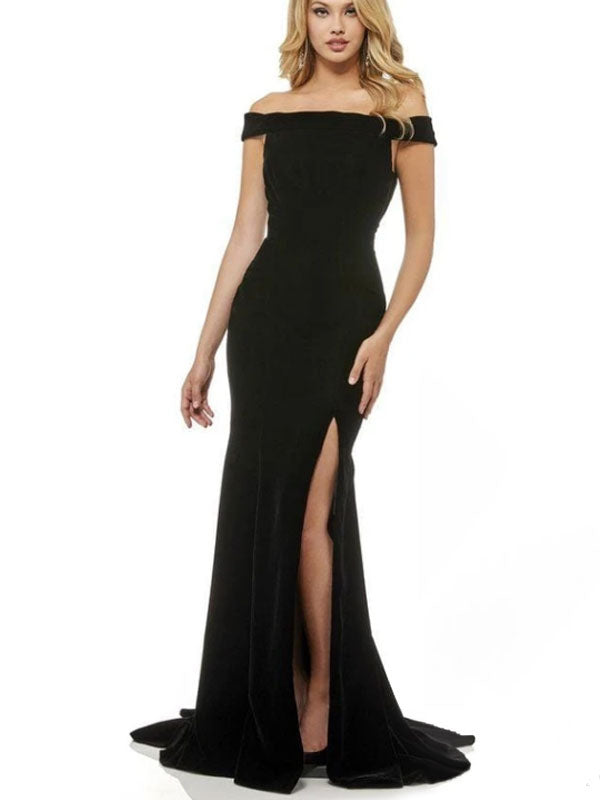 Women's Formal Dress Black Backless Velour Floor-Length Split Formal Dress Gossip Gowns