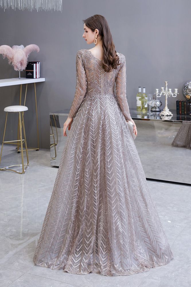 Looking for Prom Dresses, Evening Dresses, Homecoming Dresses, Quinceanera dresses in Tulle, Lace,  A-line style,  and Gorgeous Draped, Pearls, Sequined, Rhinestone work? stylesnuggle has all covered on this elegant Modest Long Sleevess V-neck Princess Prom Dress.