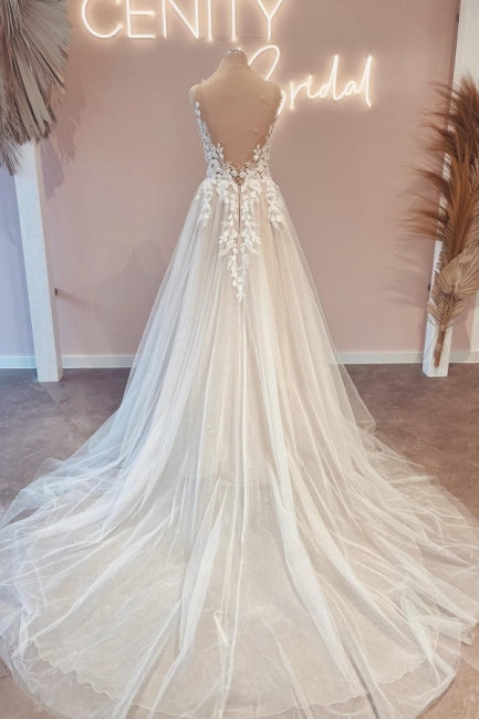 Modest Long V-Neck Sleeveless Lace Backless Wedding Dresses Online-stylesnuggle