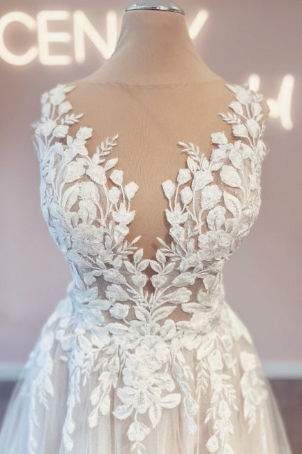 Modest Long V-Neck Sleeveless Lace Backless Wedding Dresses Online-stylesnuggle