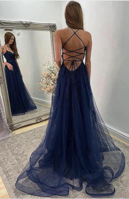 Navy Blue Halter Front Slit Spaghetti Straps A-Line Tulle Prom Dress-stylesnuggle