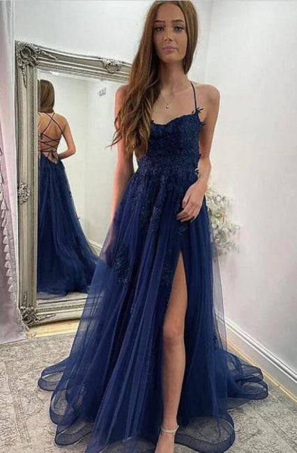 Navy Blue Halter Front Slit Spaghetti Straps A-Line Tulle Prom Dress-stylesnuggle