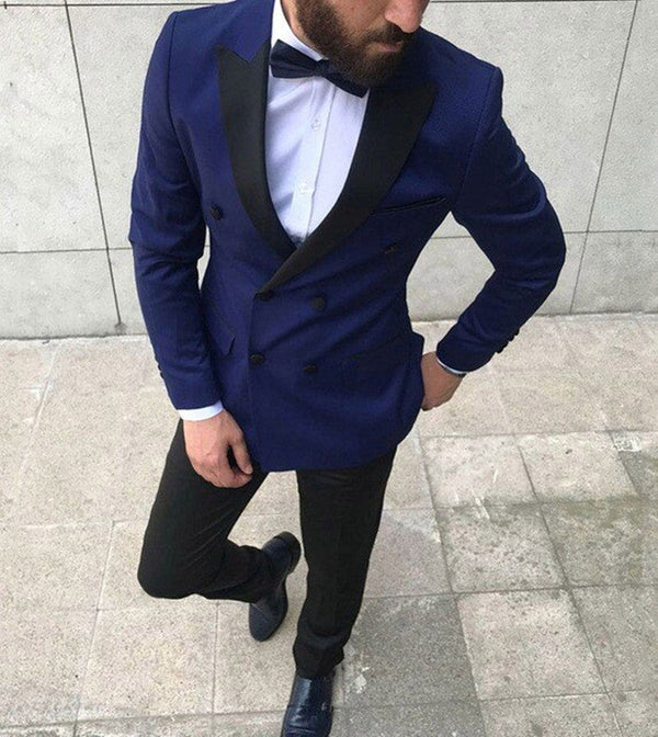 Navy Blue Peaked Lapel Double Breasted Mens Suit Online-stylesnuggle