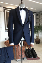 stylesnuggle is your ultimate source for Navy Blue Shawl Lapel One Button Wedding Groom Suits. Our Dark Navy Shawl Lapel wedding groom Men Suits come in Bespoke styles &amp; colors with high quality and free shipping.