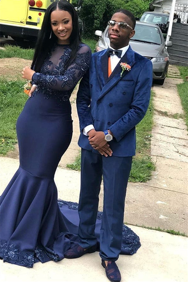 Navy Blue Velvet Men Suit Peaked Lapel Double Breasted Prom Suit