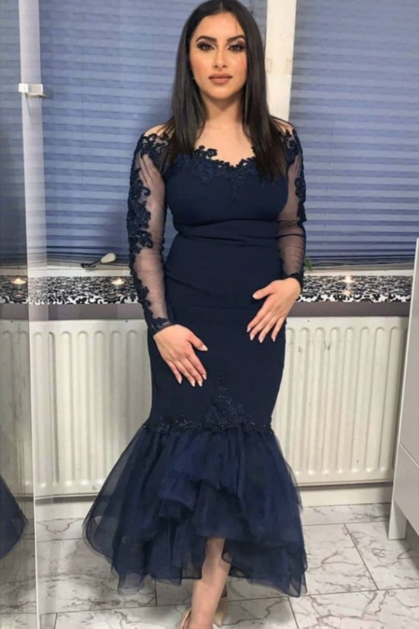 Looking for Prom Dresses, Evening Dresses, Homecoming Dresses in Satin,  Mermaid style,  and Gorgeous Lace, Beading work? stylesnuggle has all covered on this elegant Navy Long Sleeve Mermaid Evening Dress Floor Length .