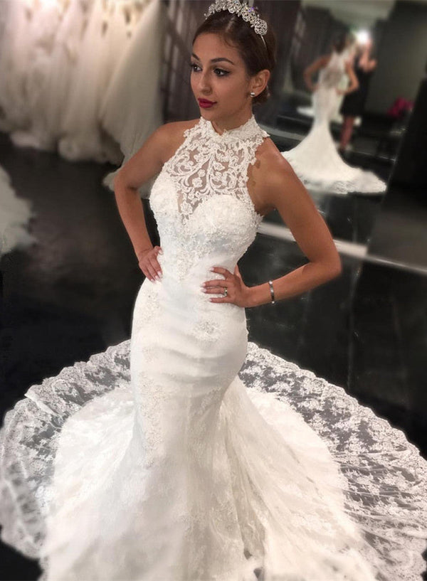 stylesnuggle offers latest High-Neck Lace Mermaid Sleeveless Sweep-Train Wedding Dress at factory price ,all made in high quality, Extra coupon to save a heap.