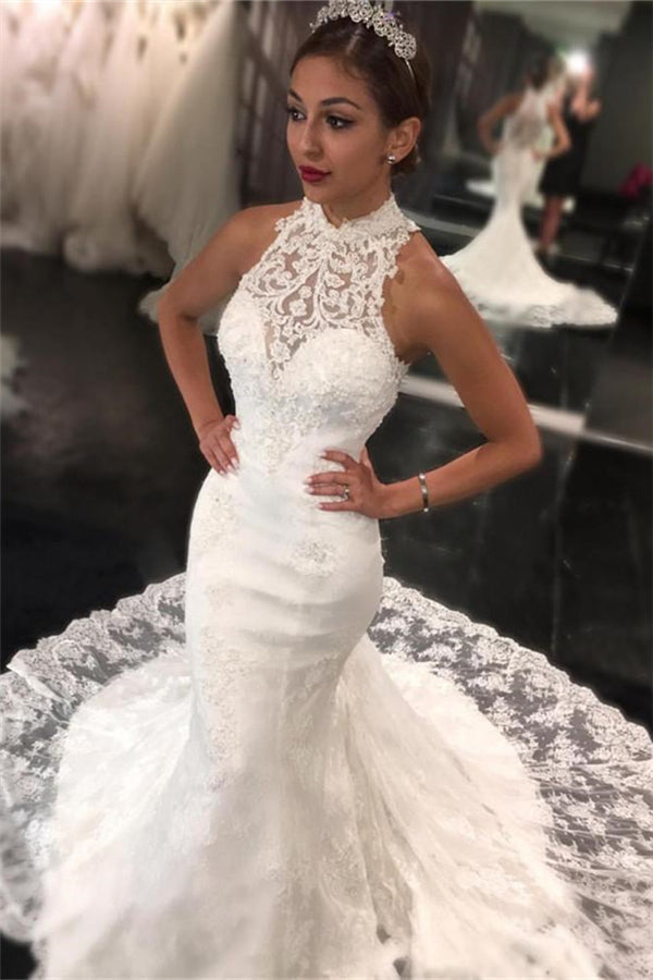 New Arrival High Neck Lace Mermaid Sleeveless Sweep Train Wedding Dress-stylesnuggle