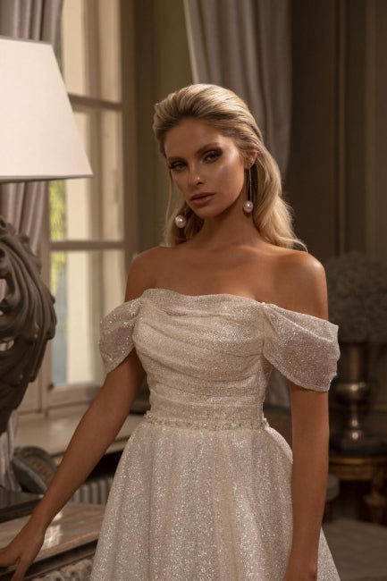 New Arrival Long A-line Off-the-shoulder Glitter Sleeveless Wedding Dresses-stylesnuggle