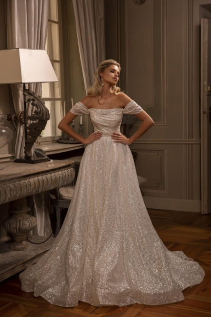 New Arrival Long A-line Off-the-shoulder Glitter Sleeveless Wedding Dresses-stylesnuggle