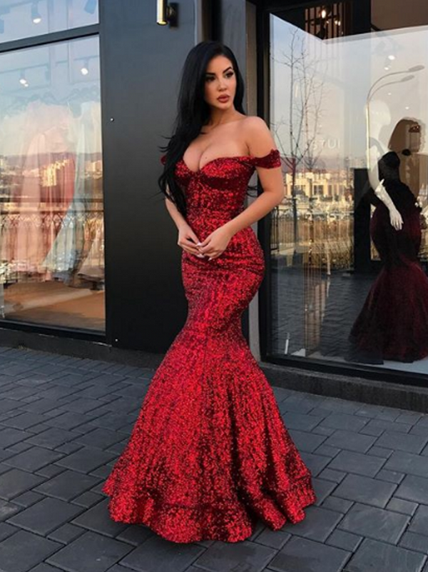 New Arrival Mermaid Charming Sequined Evening Dresses,  Off-The-Shoulder Floor Length Prom Dresses. Free shipping,  high quality,  fast delivery,  made to order dress. Discount price. Affordable price. stylesnuggle