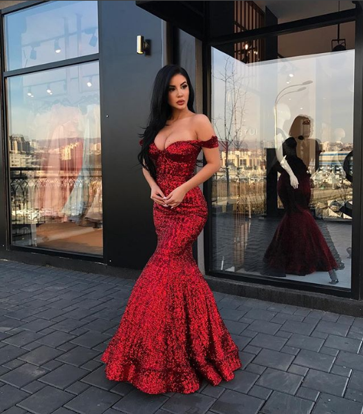 New Arrival Mermaid Charming Sequined Evening Dresses,  Off-The-Shoulder Floor Length Prom Dresses. Free shipping,  high quality,  fast delivery,  made to order dress. Discount price. Affordable price. stylesnuggle