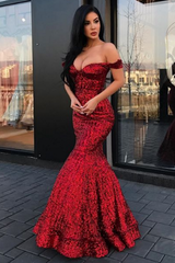 New Arrival Mermaid Charming Sequined Evening Dresses,  Off-The-Shoulder Floor Length Prom Dresses. Free shipping,  high quality,  fast delivery,  made to order dress. Discount price. Affordable price. stylesnuggle