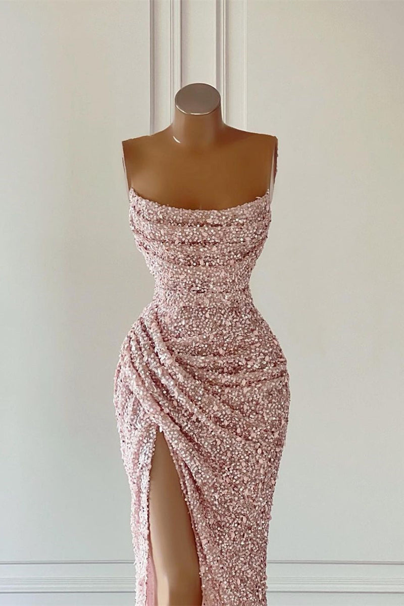 New Arrival Pink Sequins Sleeveless Evening Dresses With Split-stylesnuggle