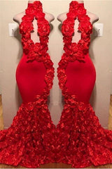 New Arrival Red Keyhole Mermaid Flowers Halter Sleeveless Long Prom Dresses-stylesnuggle