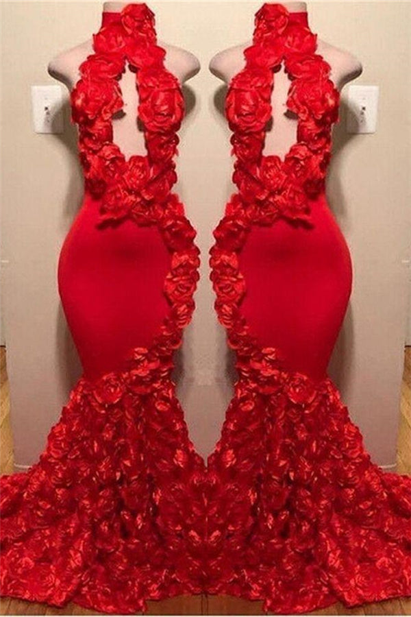 New Arrival Red Keyhole Mermaid Flowers Halter Sleeveless Long Prom Dresses-stylesnuggle