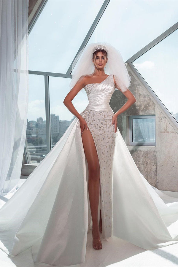 New Arrival Sleeveless One-Shoulder Mermaid Wedding Dress Long Slit Online-stylesnuggle