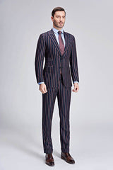 New Arrival Stripes Dark Navy Mens Suits Peak Lapel Three Flap Pockets Suits for Men-stylesnuggle