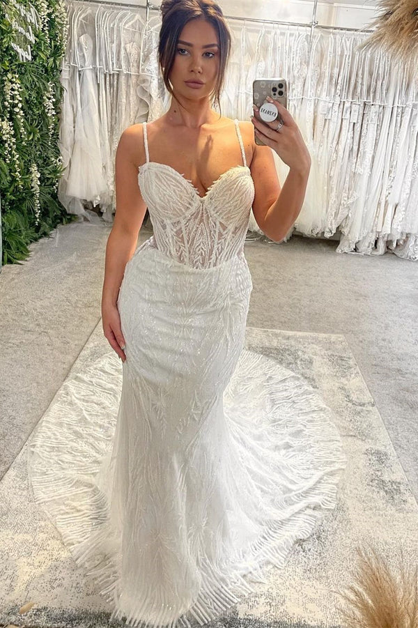 New Arrival Sweetheart Sleeveless Spaghetti Straps Mermaid Wedding Dress-stylesnuggle