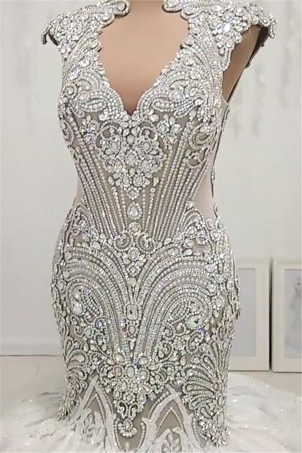 New Arrival V Neck Cap Sleeve Beads Crystals Mermaid Wedding Dress Lace Applique-stylesnuggle