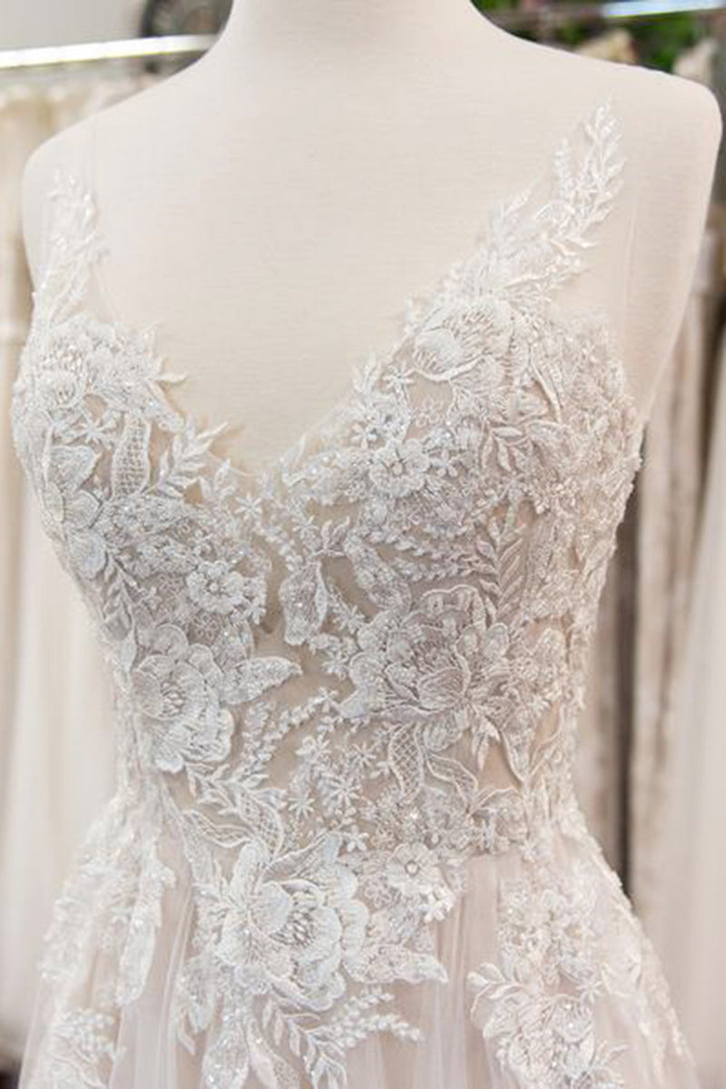 New Arrival V-neck Sleeveless Lace A line Wedding Dress-stylesnuggle