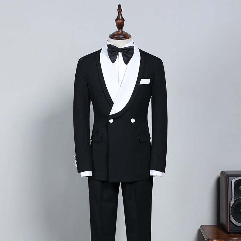 stylesnuggle custom made this New Black And White Slim Fit Bespoke Wedding Suit For Grooms with rush order service. Discover the design of this Black & White Solid Shawl Lapel Double Breasted mens suits cheap for prom, wedding or formal business occasion.