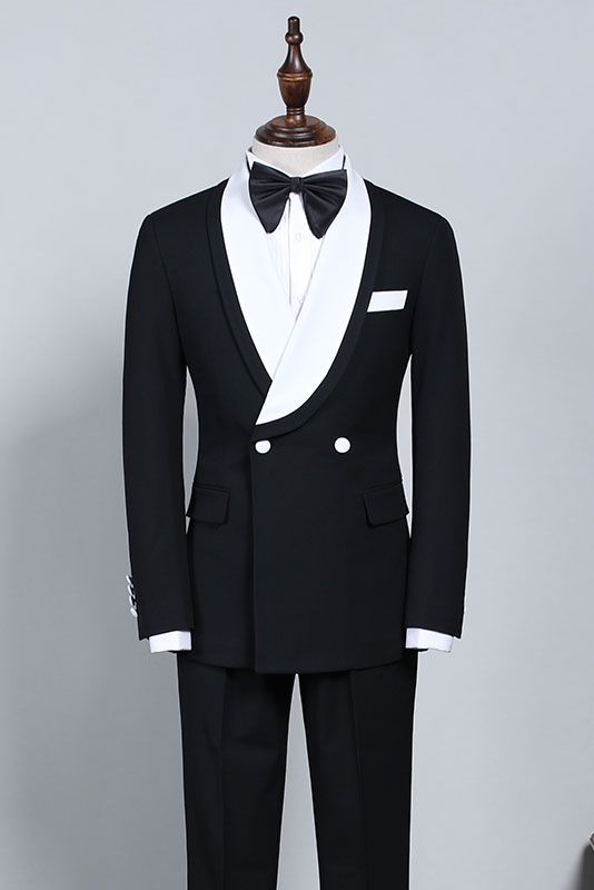 stylesnuggle custom made this New Black And White Slim Fit Bespoke Wedding Suit For Grooms with rush order service. Discover the design of this Black & White Solid Shawl Lapel Double Breasted mens suits cheap for prom, wedding or formal business occasion.