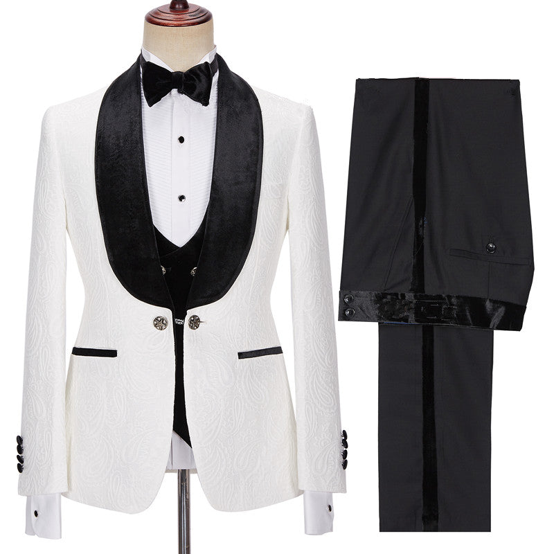 Buy New in White Jacquard Three Pieces Wedding Men Suits with Velvet Lapel for men from stylesnuggle. Huge collection of Shawl Lapel Single Breasted Men Suit sets at low offer price &amp; discounts, free shipping &amp; custom made. Order Now.