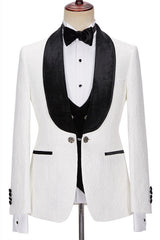 Buy New in White Jacquard Three Pieces Wedding Men Suits with Velvet Lapel for men from stylesnuggle. Huge collection of Shawl Lapel Single Breasted Men Suit sets at low offer price &amp; discounts, free shipping &amp; custom made. Order Now.