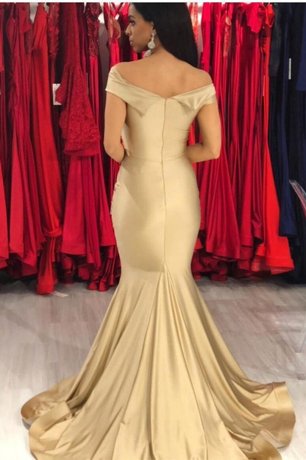 stylesnuggle offers new New Off-the-Shoulder Stretch Satin Plicated V-neck Floor Length Prom Dresses Mermaid Sleeveless Champagne Evening Gowns at cheap prices. It is a gorgeous Mermaid Prom Dresses, Evening Dresses in Stretch Satin,  which meets all your requirements.